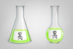 chemical green toxic liquid in lab spherical and conical beakers with jolly roger icon 